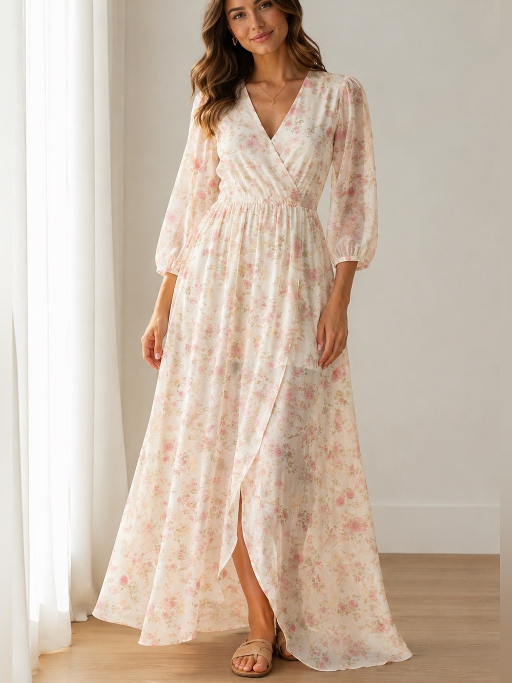 NOOYIUS Delicate Pink Rose Pattern Maxi Dress w/Wrap Skirt NWT Sz Medium